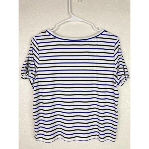 BB Dakota Striped Shirt Womens Medium Blue White Short Sleeves Boxy Crew Neck - Picture 5 of 8